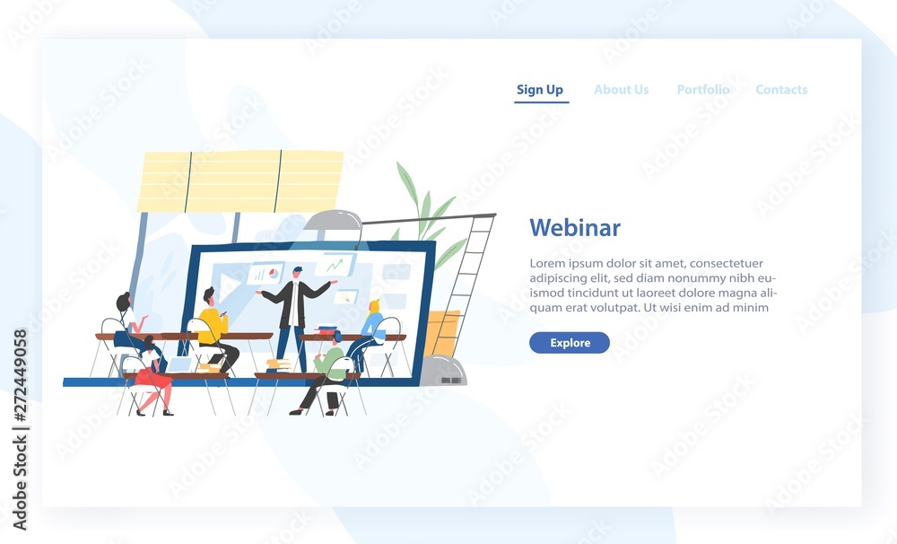 Poster Landing page template with people sitting in front of lecturer displaying on screen of giant laptop. Webinar, online course, internet education. Modern flat vector illustration for advertisement.