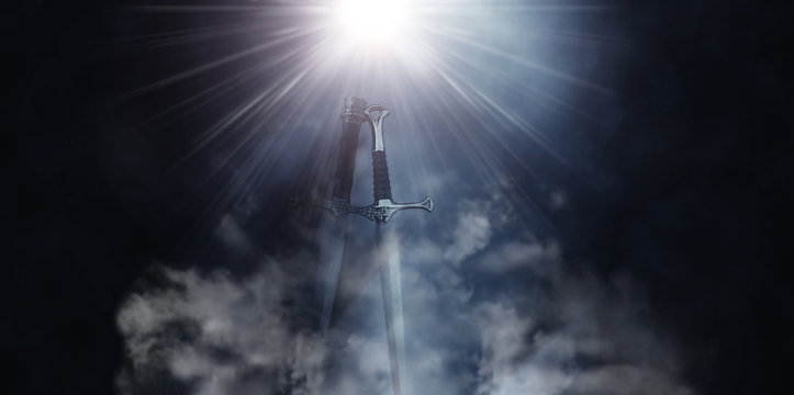 mysterious and magical photo of silver sword over gothic black background with smoke. Medieval period concept