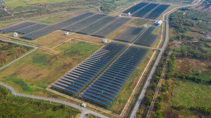 industry factory area solar cells electric green energy and solar panels line above view