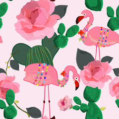 Obraz premium Flamingos pattern. Seamless pattern for textile design. Flamingos. Exotic birds. Hand drawn pink roses with cactus. Tropical vector seamless floral pattern