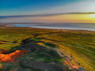 Beautiful distant view of salt lake Baskunchak in Astrakhan region, Russia