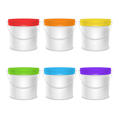 Realistic Detailed 3d Plastic Bucket and Color Cap Template Mockup Set. Vector