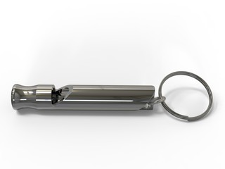 Blank promotional aluminum whistle key chain for mock up and branding. 3d render illustration.