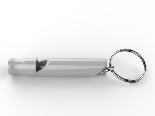 Blank promotional aluminum whistle key chain for mock up and branding. 3d render illustration.