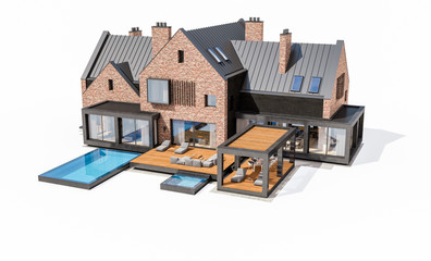 3d rendering of modern clinker house on the ponds with pool isolated on white