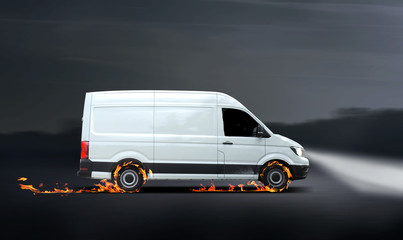 Fototapeta na wymiar Fast delivery van with burning tires