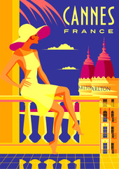 Woman on vacation in Cannes. Vintage poster. - obrazy, fototapety, plakaty