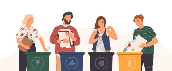 Bundle of cute funny people putting rubbish in trash bins, dumpsters or containers. Set of happy men and women practicing garbage collection, sorting and recycling. Flat cartoon vector illustration.