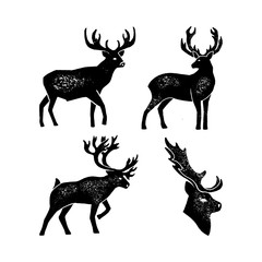 Set Hand draw Deer Silhouette Grunge. Black Vector illustration of a Wild Animal stag Isolated on a white background with a worn texture. Element for Logo, Emblem, Poster, Lettering, Pattern, Banner
