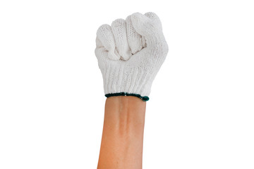 Hand of a man in construction gloves fist isolated on white background - clipping paths