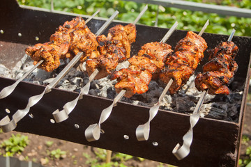 On the barbecue, a lot of meat is roasted on skewers. Fries tasty meat of pork or chicken on skewers.