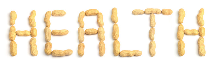 The Word Health made of Peanuts for creative Food Concepts.  Peanuts isolated on white Background. Natural Protein from Peanuts. Healthy Food. - 272454242