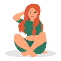Sexy young woman sitting in crossed legs pose.Young woman in shorts sitting on the floor. Vector illustration on white background in cartoon style