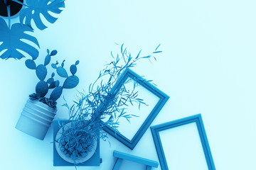 Design concept - top view of white A4 flipped paper with black clipboard, potted plant, cactus, frame and pen on blue background. 3d rendering