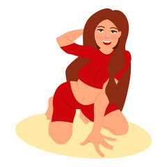 Sexy young woman standing in kneeling pose. Young woman in shorts standing on the floor. Vector illustration on white background in cartoon style