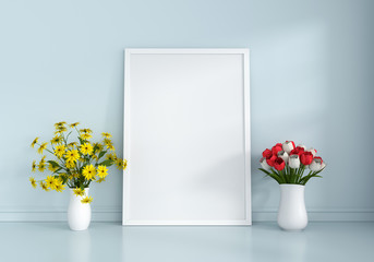 Blank photo frame for mockup and flower on floor, 3D rendering