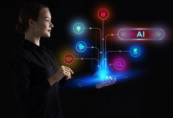 The concept of business, technology, the Internet and the network. A young entrepreneur working on a virtual screen of the future and sees the inscription: AI