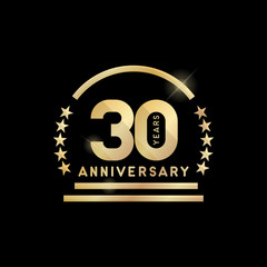 30th year anniversary golden emblem. Vector icon.