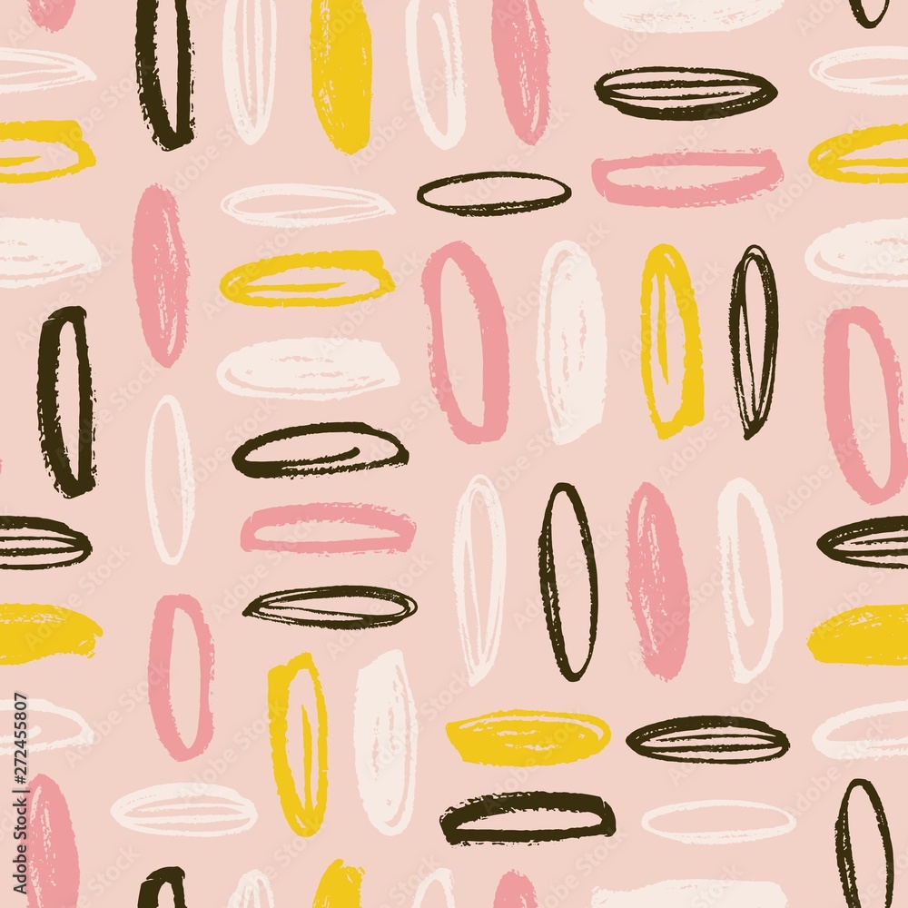 Poster Modern seamless pattern with rough oval brush strokes on pink background. Creative backdrop with rounded paint marks or scribble. Vector illustration in contemporary art style for wrapping paper.