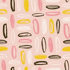Modern seamless pattern with rough oval brush strokes on pink background. Creative backdrop with rounded paint marks or scribble. Vector illustration in contemporary art style for wrapping paper.