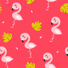 Seamless pattern with cute baby flamingo and tropical plants on red background. Ornament for textile and wrapping. Vector.