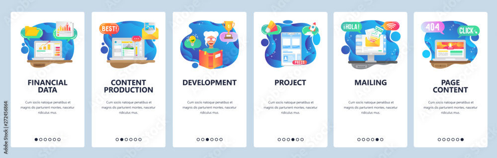 Poster mobile app onboarding screens. financial data, content production, education and reading book, email