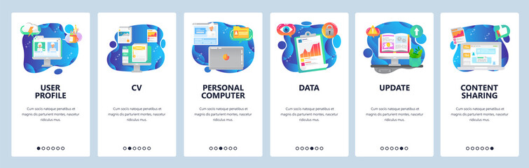 Mobile app onboarding screens. User profile, financial charts and data, online chat. Menu vector banner template for website and mobile development. Web site design flat illustration