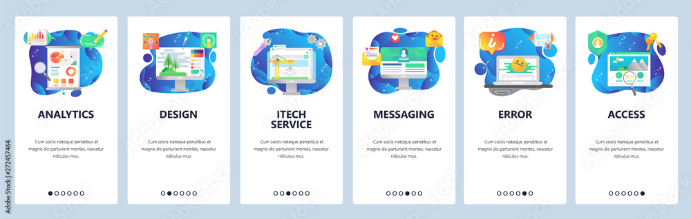 Poster mobile app onboarding screens. financial analytics and data, draw, computer error and secure access.