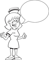 Black and white illustration of a nurse with a caption balloon giving thumbs up.