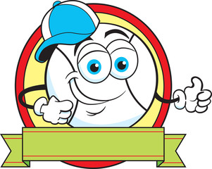 Cartoon illustration of a baseball inside a circle with a banner.