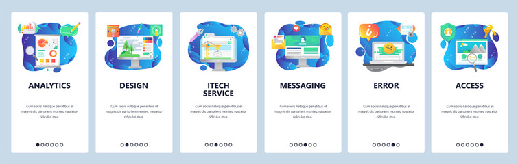 Mobile app onboarding screens. Financial analytics and data, draw, computer error and secure access. Menu vector banner template for website and mobile development. Web site design flat illustration