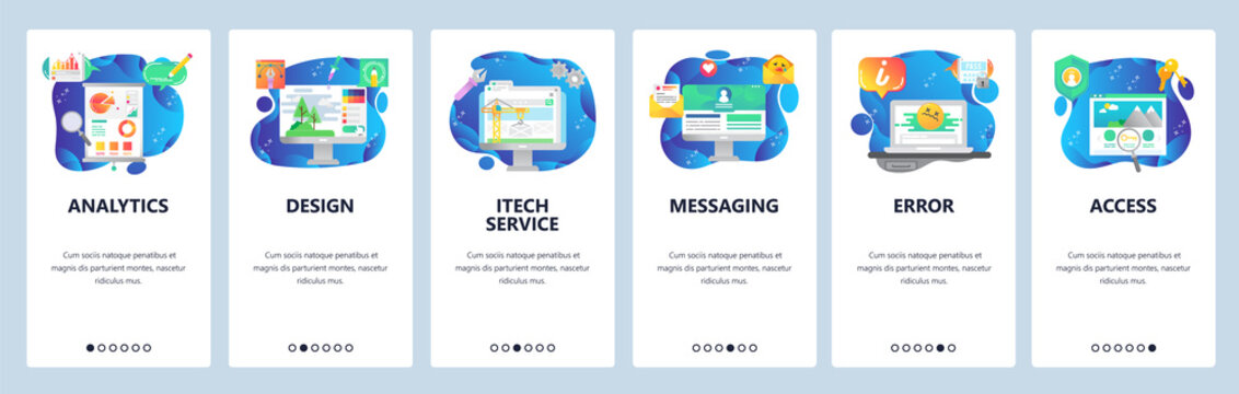 Mobile app onboarding screens. Financial analytics and data, draw, computer error and secure access. Menu vector banner template for website and mobile development. Web site design flat illustration