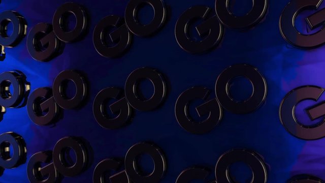Abstract animation of threedimensional chrome logotypes "Go" placing on glossy blue surface. Animation. Motivation and logos concept