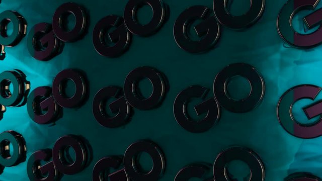 Abstract animation of threedimensional chrome logotypes "Go" placing on glossy turquoise surface. Animation. Motivation and logos concept