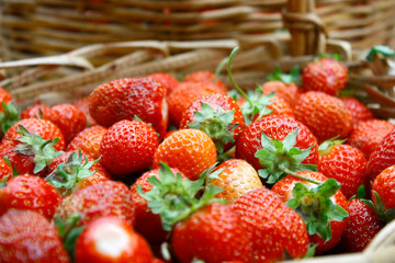 Background of red ripe strawberries. Summer ripe berries, closeup.