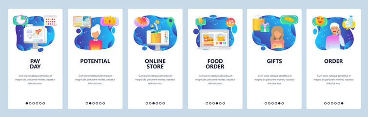 Mobile app onboarding screens. Online shoping and order by phone call, foor delivery, pay day. Menu vector banner template for website and mobile development. Web site design flat illustration