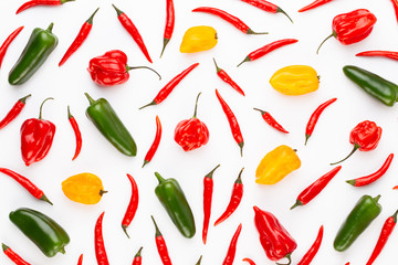 Spice herbal leaves and chili pepper on white background. Vegetables pattern. Floral and vegetables on white background. Top view, flat lay.