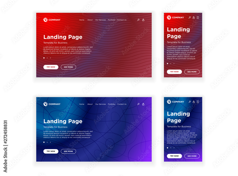 Poster landing page blank template desktop pc and mobile adaptive version set. minimal geometric background