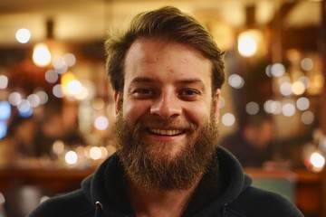 Close up portrait of a Brazilian man with blue eyes and a beard smiling