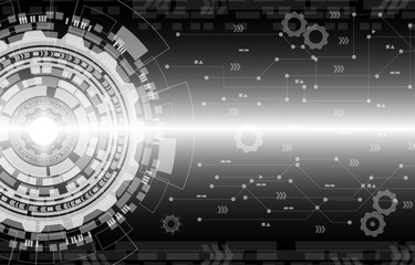 Technology white circle gear connect with system or server. concept information digital abstract black background vector illustration