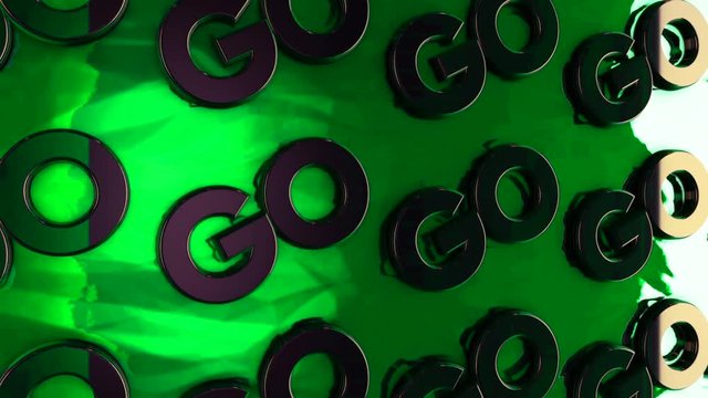 Abstract animation of threedimensional chrome logotypes "Go" placing on green surface. Animation. Motivation and logos concept.