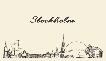 Stockholm skyline Sweden hand drawn vector sketch
