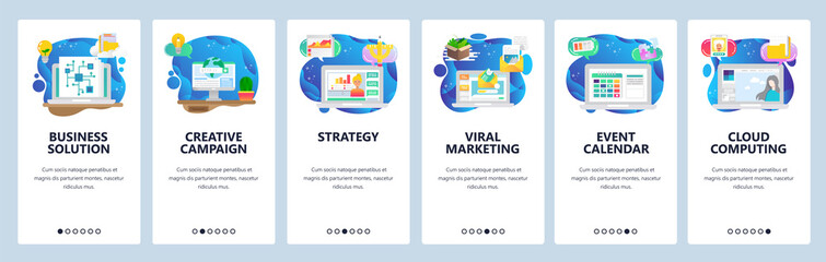 Mobile app onboarding screens. Business plan and strategy, viral marketing, email, event calendar. Menu vector banner template for website and mobile development. Web site design flat illustration