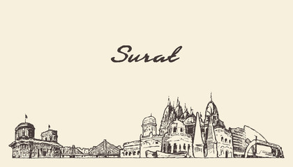 Surat skyline, Gujarat, India, drawn vector sketch