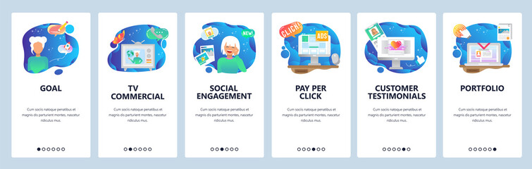 Mobile app onboarding screens. Pay per click, marketing, social engagement, customer review. Menu vector banner template for website and mobile development. Web site design flat illustration