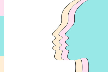 Women's rights concept background. Three silhouettes of female heads with pastel colors. Equality and feminism.