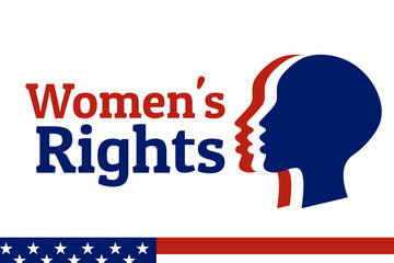 Women's rights concept background and logo. Three silhouettes of female heads with national colors of United States of America flag. Equality and feminism.