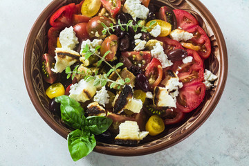 Italian traditional Tuscan panzanella salad with fresh tomatoes and cheese in clay plates. authentic Mediterranean healthy food