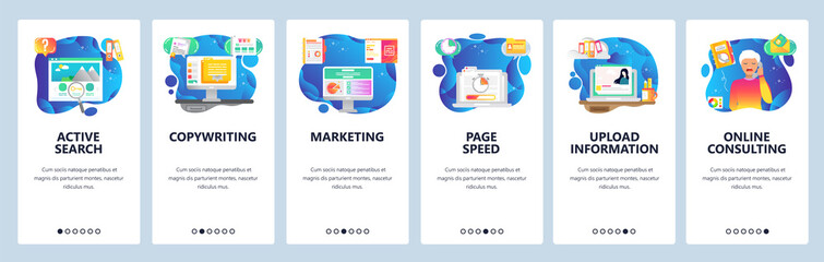 Mobile app onboarding screens. Digital marketing, information search, copywriting, page speed. Menu vector banner template for website and mobile development. Web site design flat illustration