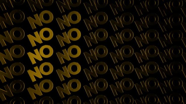 Abstract animation of lots yellow chrome logotypes of word "No" moving on the dark background. Animation. The concept of prohibition